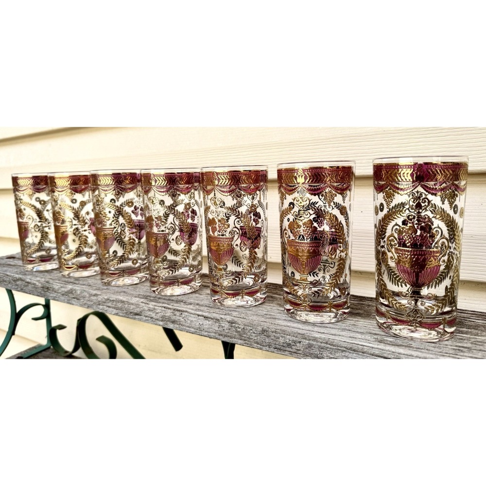 7 Vintage Georges Briard Purple Pink Gold 22k Urn Highball Glasses Grape Rare